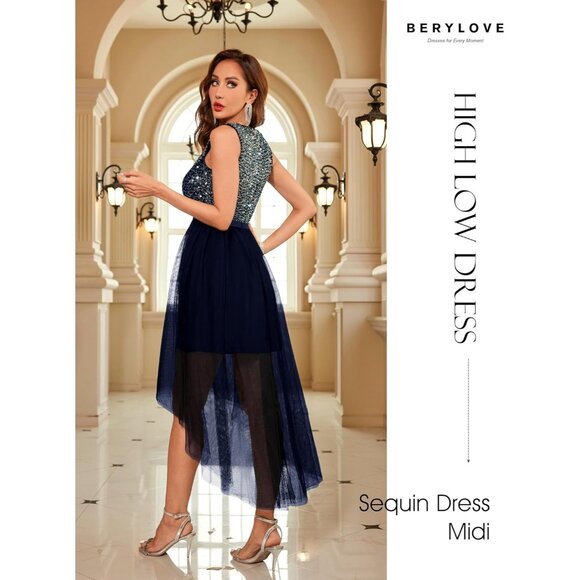 BeryLove Women Tulle Darkgreen Chiffon Scoop Neck Sleeveless Cocktail Dresses - Picture 4 of 7